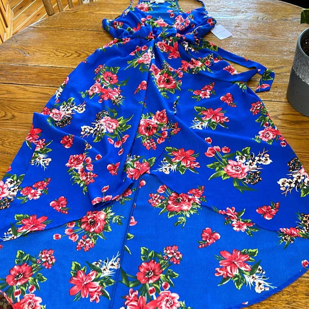 Dream of Me tropical floral dress.  Size Large. Blue and red. Hi low hemline.